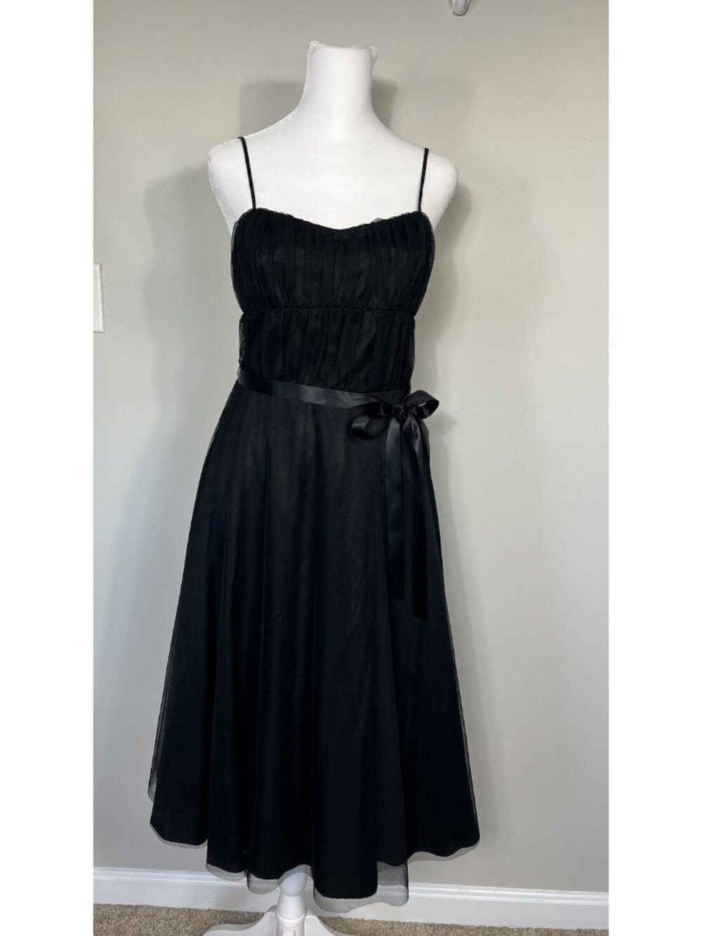 Y2K Dress Womens Small Black Tulle Midi Sweetheart Witchy Whimsigoth Soft Goth